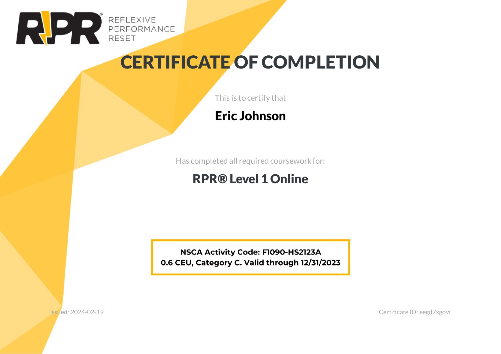Reflexive Performance Reset Certification Level 1
