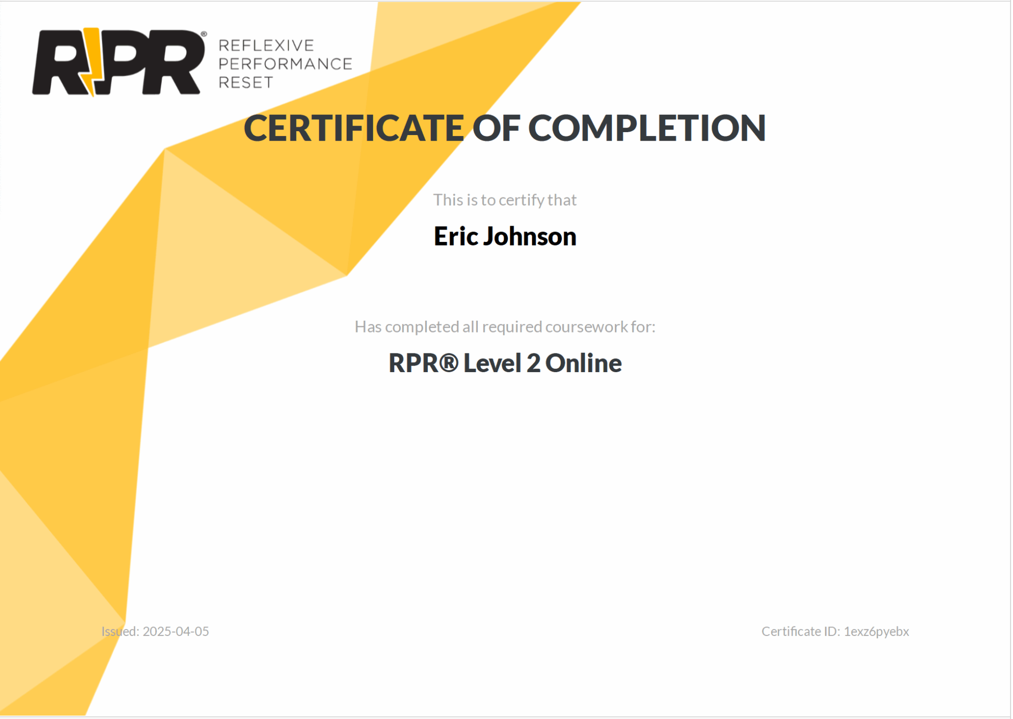 Reflexive Performance Reset Level 2 Certification